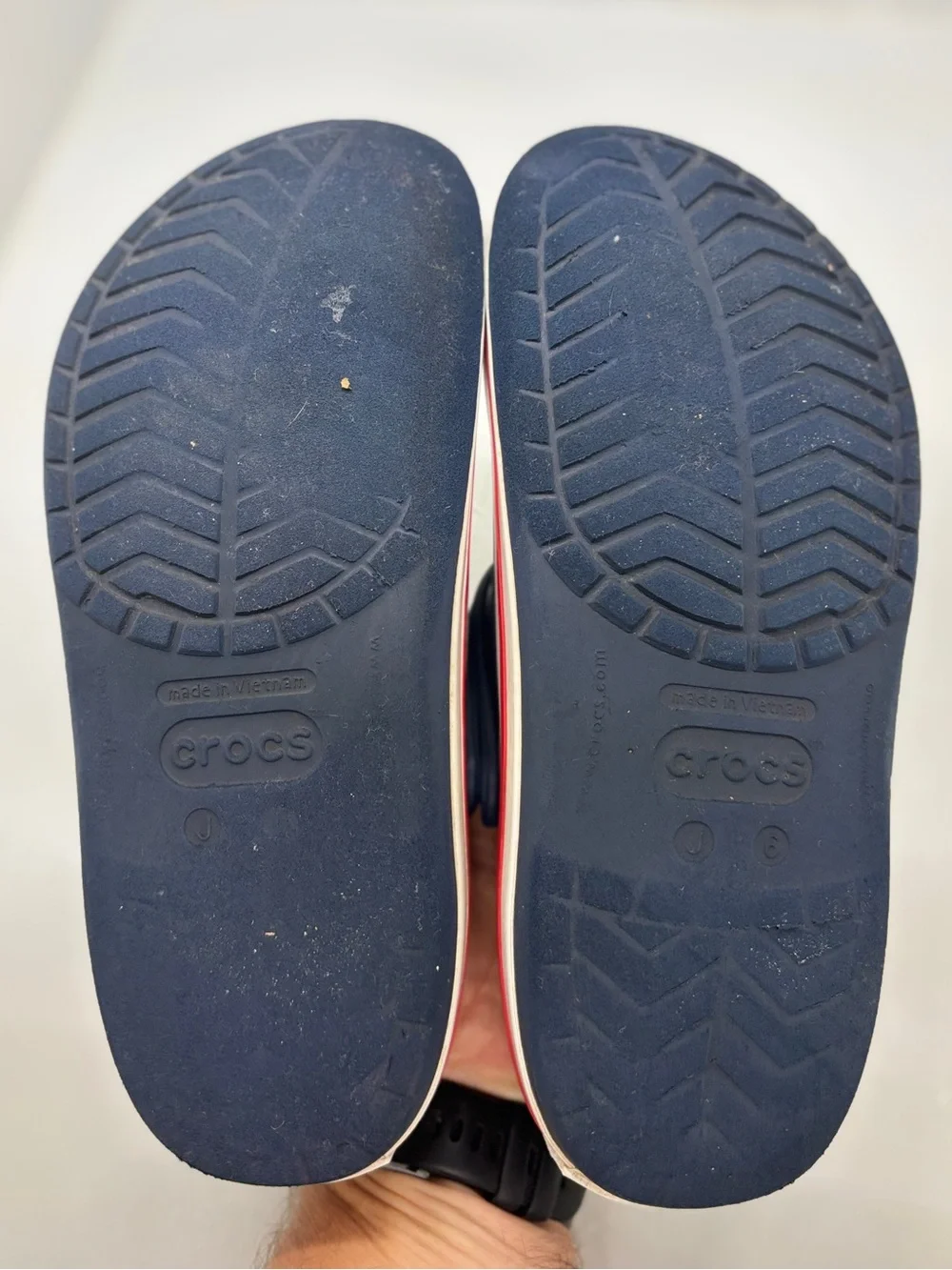 Crocs Crocband Clogs Navy Red White Kids J6 Youth Slip On Shoes